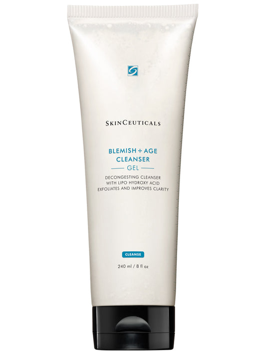 Blemish and Age Cleansing Gel is a targeted exfoliating cleanser featuring a conditioning surfactant and a 12% concentration combining lipo-hydroxy acid, glycolic acid, salicylic acid, glycerin, and sorbitol to remove excess oils and makeup, while decongesting pores and brightening skin. Formulated for aging skin prone to breakouts, this deep cleansing gel gently refines the appearance of congested pores and helps to reduce blemishes without drying the skin.